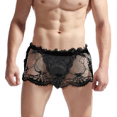 Men Crossdressing Sissy Lace High Waist Skirted G-string in Black